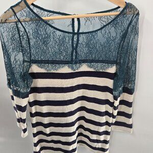 Anthropologie Blue White Striped Lace and Lines Pullover Long Sleeved Top